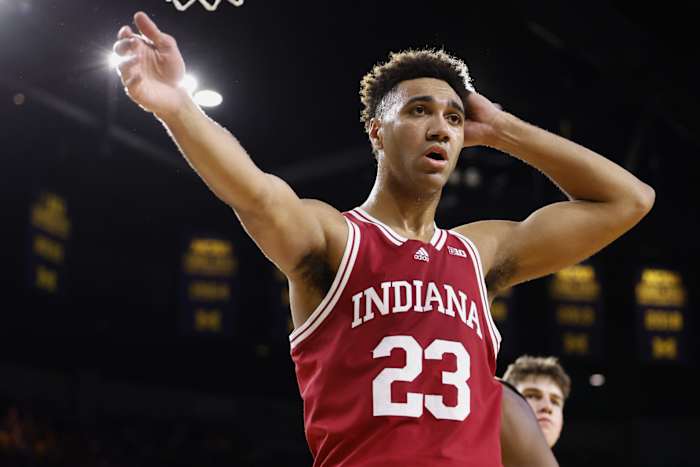 Trayce Jackson-Davis (23) reacts during the first half against the Michigan Wolverines at Crisler Center.